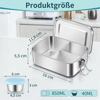 Nerezový obedár Onader Bento Box 850 ml pre deti a dospelých, s vyberateľnou prepážkou a nádobkou na omáčku, nepriepustný 2