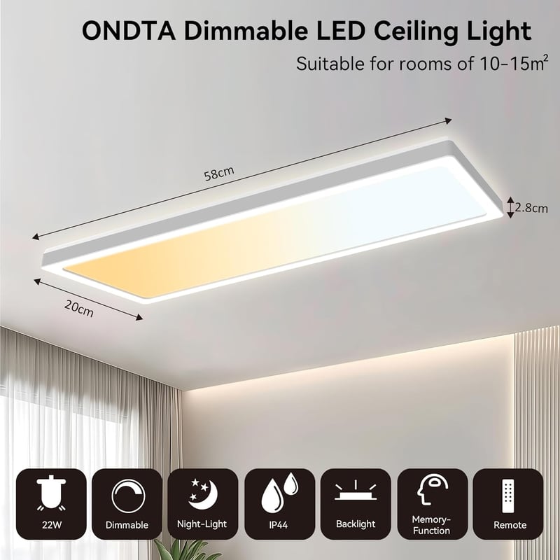 ONDTA LED Mennyezeti Lámpa Dimmelhető 22W 58x20cm 2700K-6500K Távirányítóval
