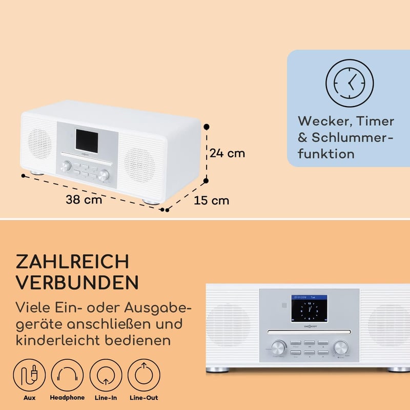 oneConcept Streamo CD internetrádió WiFi DAB+ FM Bluetooth CD lejátszó 20W