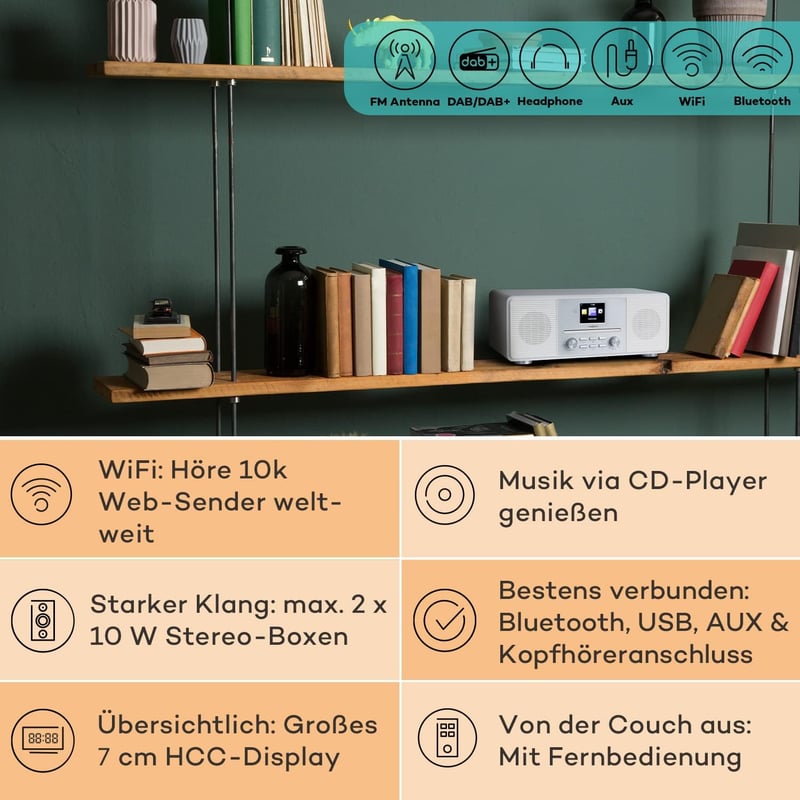 oneConcept Streamo CD internetrádió WiFi DAB+ FM Bluetooth CD lejátszó 20W