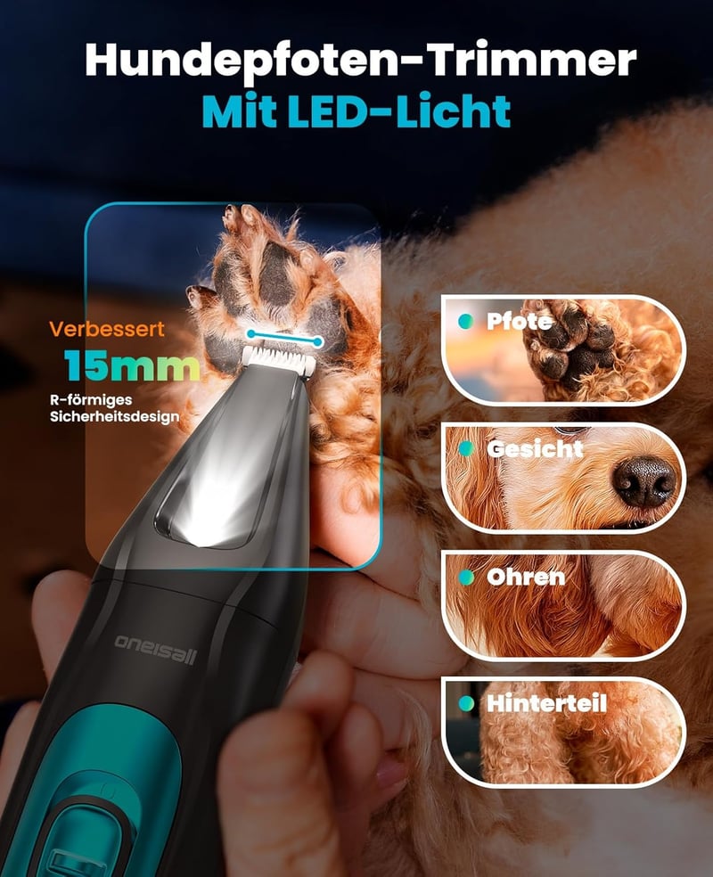 oneisall 4az1-ben Kutya Macska Nyírógép LED Lámpával, Mancs Trimmer Köröm Csiszoló 2000mAh - Blau, 4-in-1