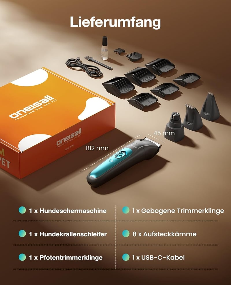 oneisall 4az1-ben Kutya Macska Nyírógép LED Lámpával, Mancs Trimmer Köröm Csiszoló 2000mAh - Blau, 4-in-1