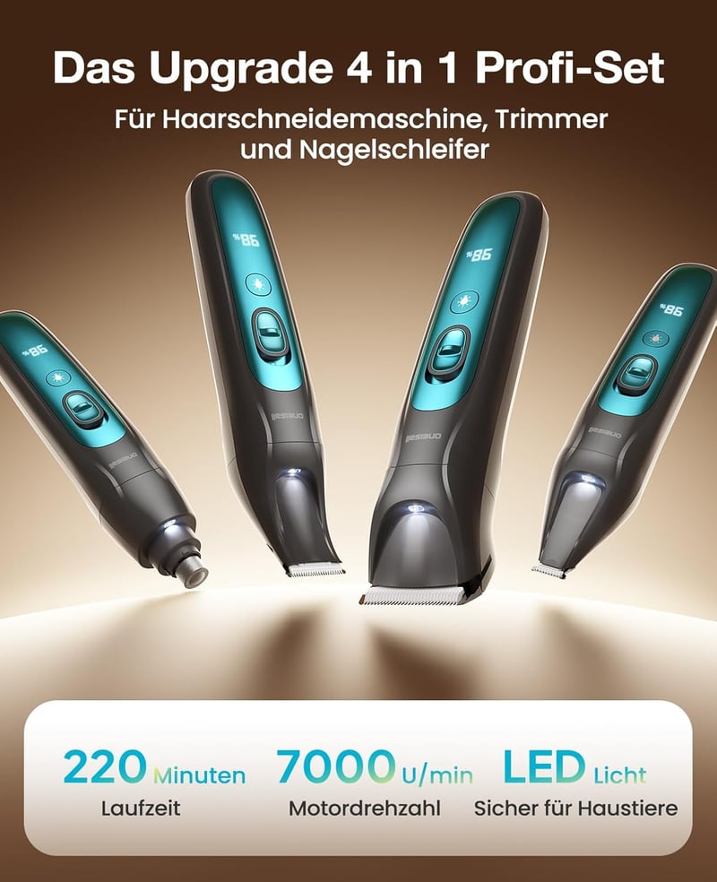 oneisall 4az1-ben Kutya Macska Nyírógép LED Lámpával, Mancs Trimmer Köröm Csiszoló 2000mAh - Blau, 4-in-1