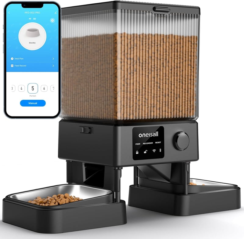 oneisall 5L Automata Macskaeledel Adagoló WiFi Applikációval, 2 Rozsdamentes Tál