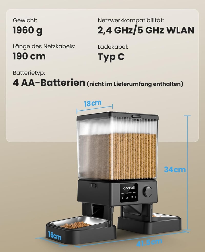 oneisall 5L Automata Macskaeledel Adagoló WiFi Applikációval, 2 Rozsdamentes Tál