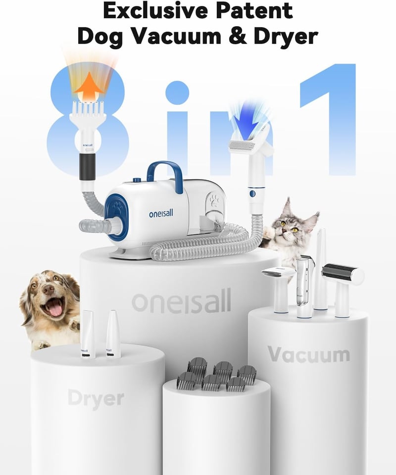 oneisall Kutyanyíró Beépített Porszívóval és Szárítóval - 2,5L Portartály, 7 Hőfokozat, 15000Pa Szívóerő, Csendes Működés, 8 Ápolóeszköz Kut
