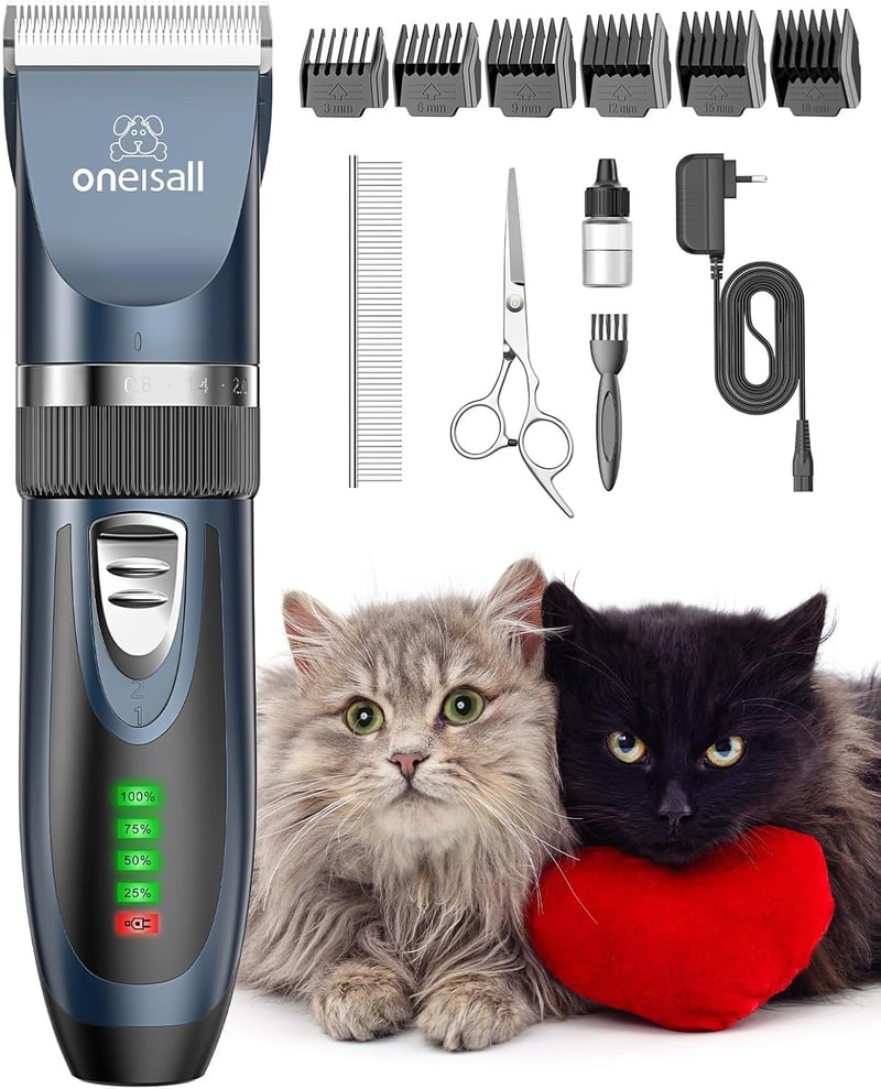oneisall Macska Nyírógép - Csendes Szőrvágó Hosszú Szőrű Macskáknak, 2 Sebességes, Vezeték Nélküli, 50dB, Kerámia-Titán Pengével, Kék