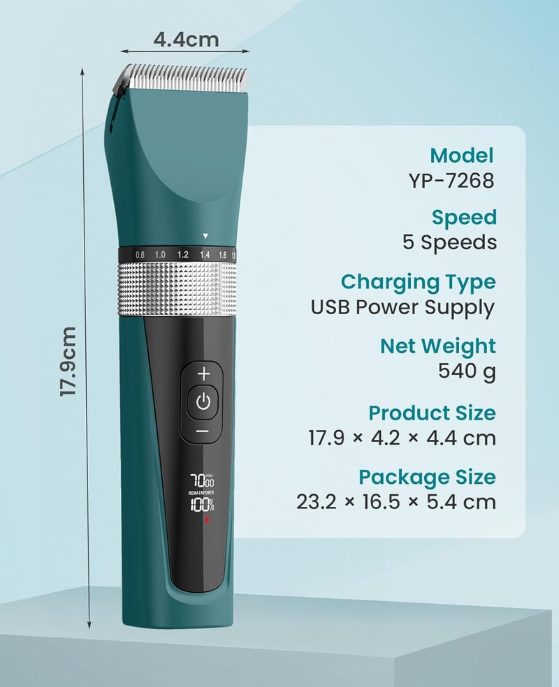 oneisall Macskanyírógép Professzionális Csendes Trimmer 5 Fokozat LCD Kijelző Vízálló Zöld - Green