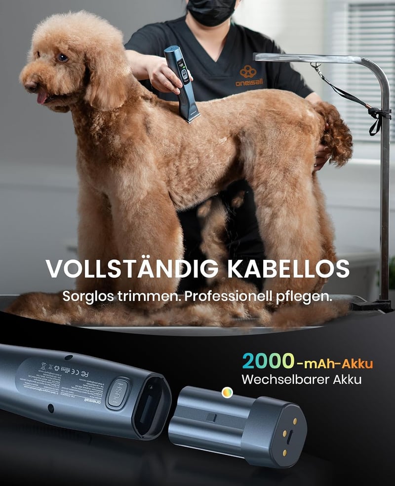 oneisall Professzionális kutya es macska nyírógép, 2 sebesség, kék, 1 elem, szénacél pengés fésű feltéttel, hosszú és göndör szőrre