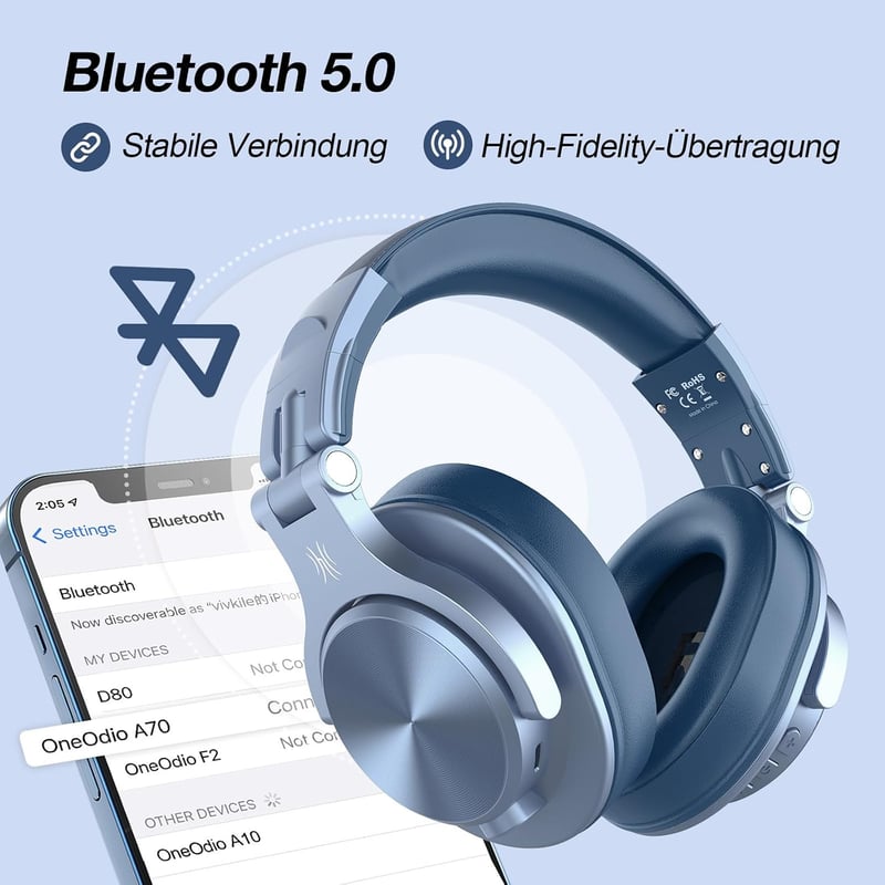 OneOdio Bluetooth Over-Ear fejhallgató Sky Blue 72 órás HiFi sztereó 6,35 és 3,5 mm jack, vezeték nélküli DJ PC telefon