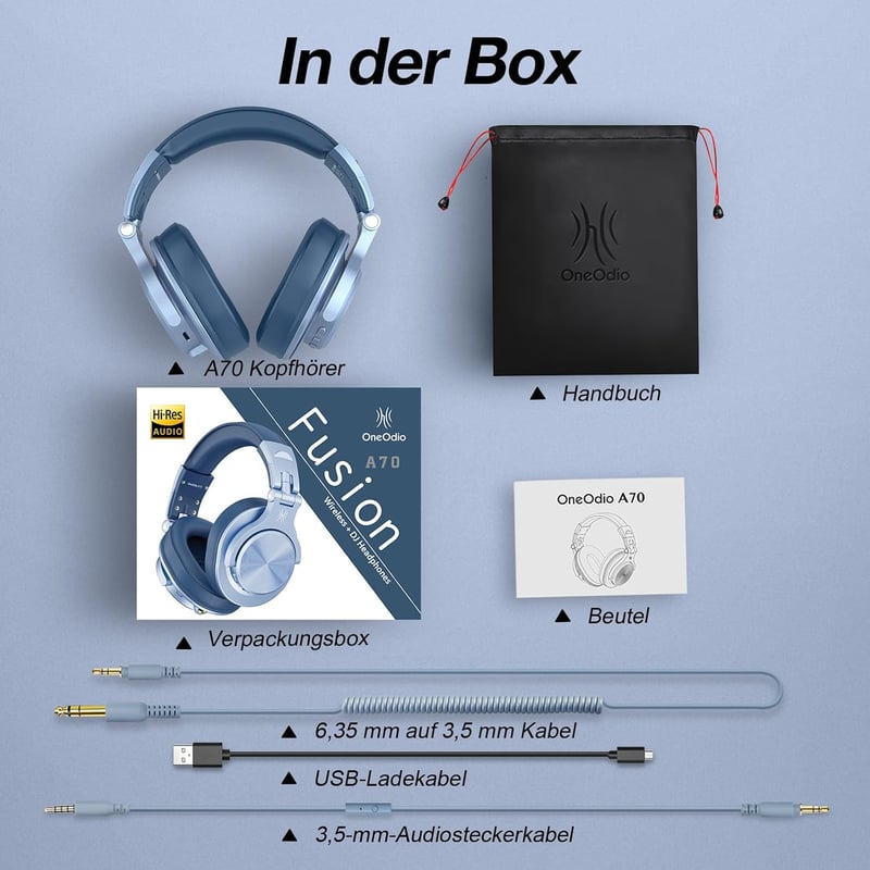 OneOdio Bluetooth Over-Ear fejhallgató Sky Blue 72 órás HiFi sztereó 6,35 és 3,5 mm jack, vezeték nélküli DJ PC telefon