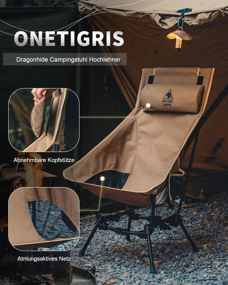 OneTigris Dragonhide összecsukható kemping szék, 125 kg terhelhetőség, oldaltáskákkal