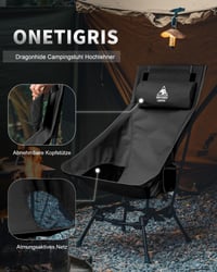 Skladacia kempingová stolička OneTigris DRAGONHIDE s vysokým operadlom, nosnosť 125 kg, s 2 bočnými vreckami, ultraľahká rybárska stolička pre outdoor, čierna 4