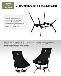 Skladacia kempingová stolička OneTigris DRAGONHIDE s vysokým operadlom, nosnosť 125 kg, s 2 bočnými vreckami, ultraľahká rybárska stolička pre outdoor, čierna 5
