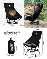 Skladacia kempingová stolička OneTigris DRAGONHIDE s vysokým operadlom, nosnosť 125 kg, s 2 bočnými vreckami, ultraľahká rybárska stolička pre outdoor, čierna 3