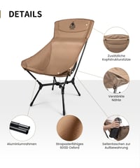 Kempingové kreslo OneTigris OASISFLEX s vysokým operadlom, skladacie, 150 kg, ultraľahké, integrovaný krížový rám, s 2 bočnými vreckami, farba coyo brown 7