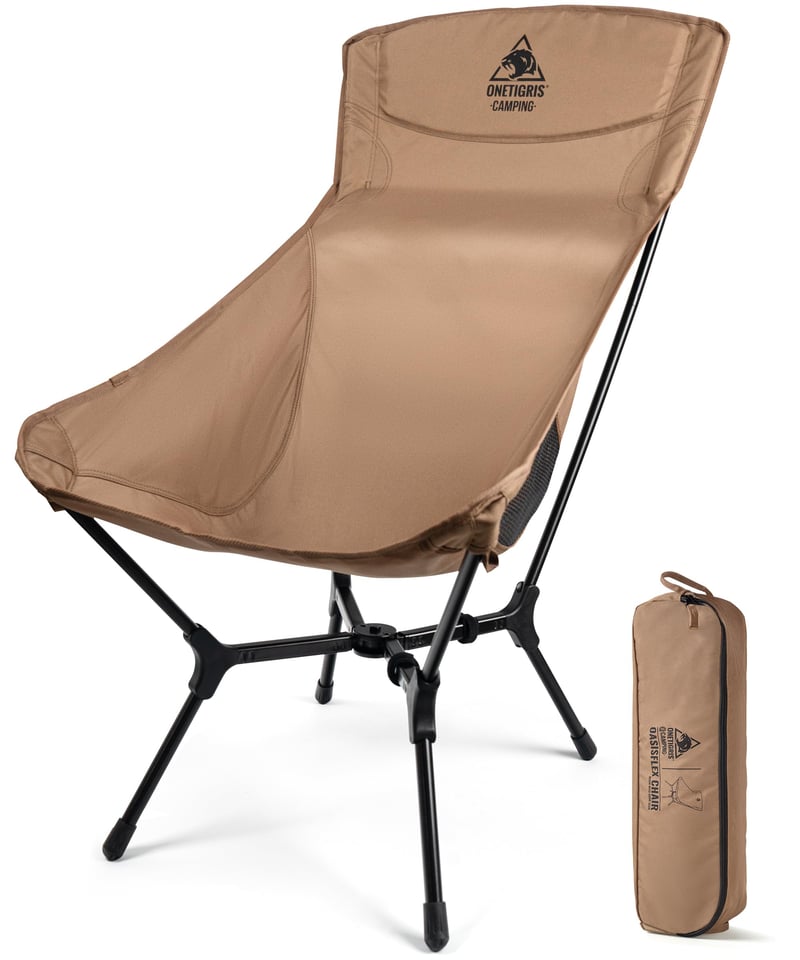 Kempingové kreslo OneTigris OASISFLEX s vysokým operadlom, skladacie, 150 kg, ultraľahké, integrovaný krížový rám, s 2 bočnými vreckami, farba coyo brown