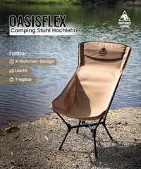 Kempingové kreslo OneTigris OASISFLEX s vysokým operadlom, skladacie, 150 kg, ultraľahké, integrovaný krížový rám, s 2 bočnými vreckami, farba coyo brown 3
