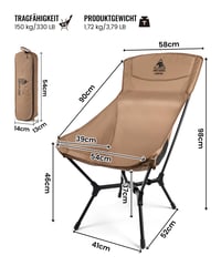 Kempingové kreslo OneTigris OASISFLEX s vysokým operadlom, skladacie, 150 kg, ultraľahké, integrovaný krížový rám, s 2 bočnými vreckami, farba coyo brown 2