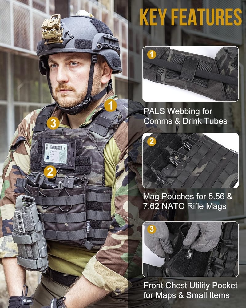 OneTigris Taktikai Mellény - Airsoft és Paintball Védőfelszerelés, Fekete Terepszín, Unisex Mellkasvédő M-XXL állítható méret