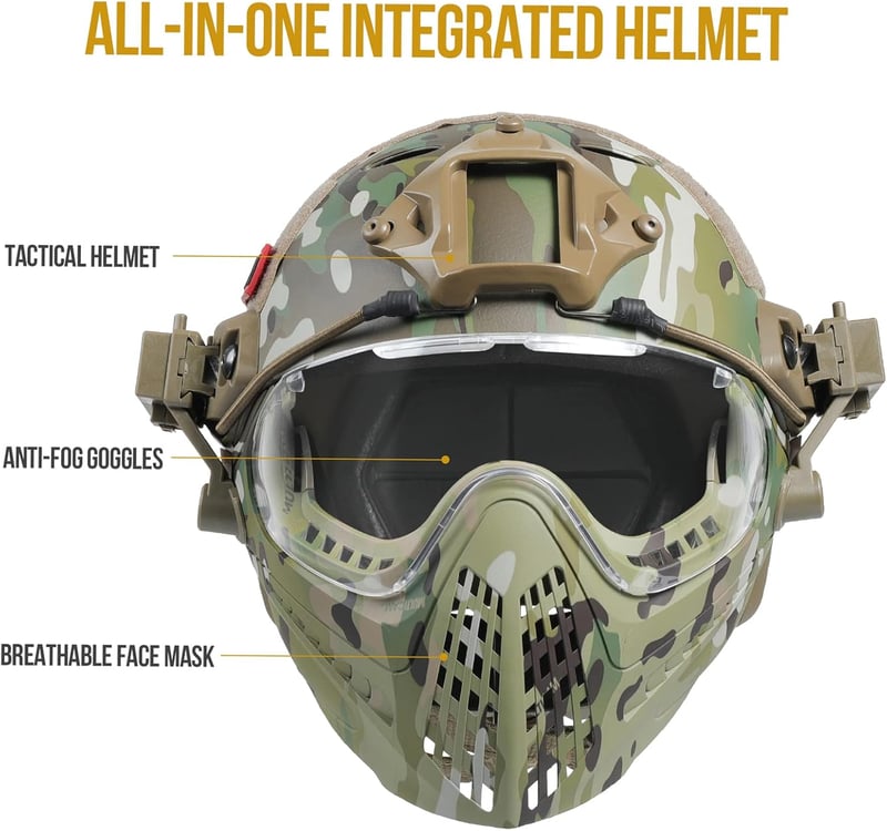 OneTigris Taktikai Sisak Levehető Arcvédő Maszkkal és Páramentes Szemüveggel - Airsoft, Paintball Játékokhoz, 52-60 cm Fejmérethez
