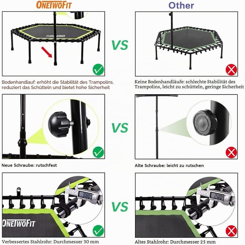 ONETWOFIT 122 cm Mini Trampoline Állítható Fogantyúval Fitness Trambulin
