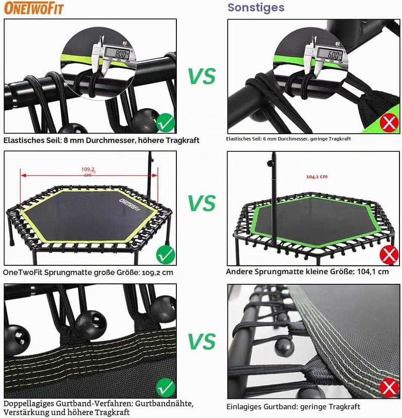 ONETWOFIT 122 cm Mini Trampoline Állítható Fogantyúval Fitness Trambulin