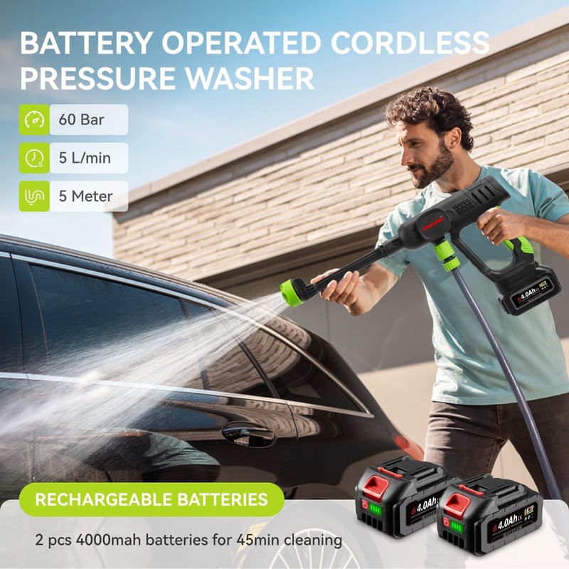 ONEVAN 120 Bar Akkumulátoros Nyomásmosó 2x4000mAh Akkuval és Töltővel