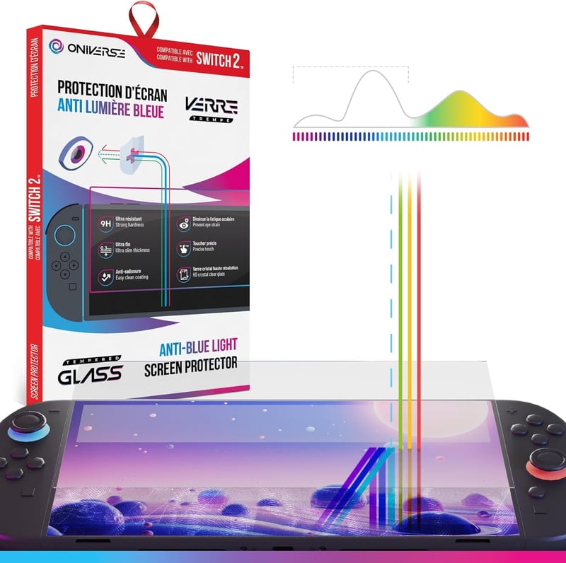 Folie de protecție din sticlă securizată Oniverse pentru Nintendo Switch 2 - 9H, cu filtru de lumină albastră, ultra-subțire, rezistentă la amprente și transpirație, cu set de curățare inclus
