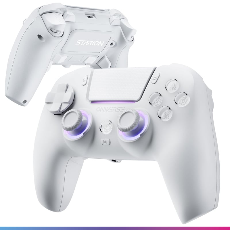 Controller wireless Oniverse Starion pentru PS5/PC/Steam Deck – Joystick și trăgaci cu efect Hall, butoane macro programabile, butoane L4/R4, touchpad, anti-drift, Bluetooth/USB-C – Alb
