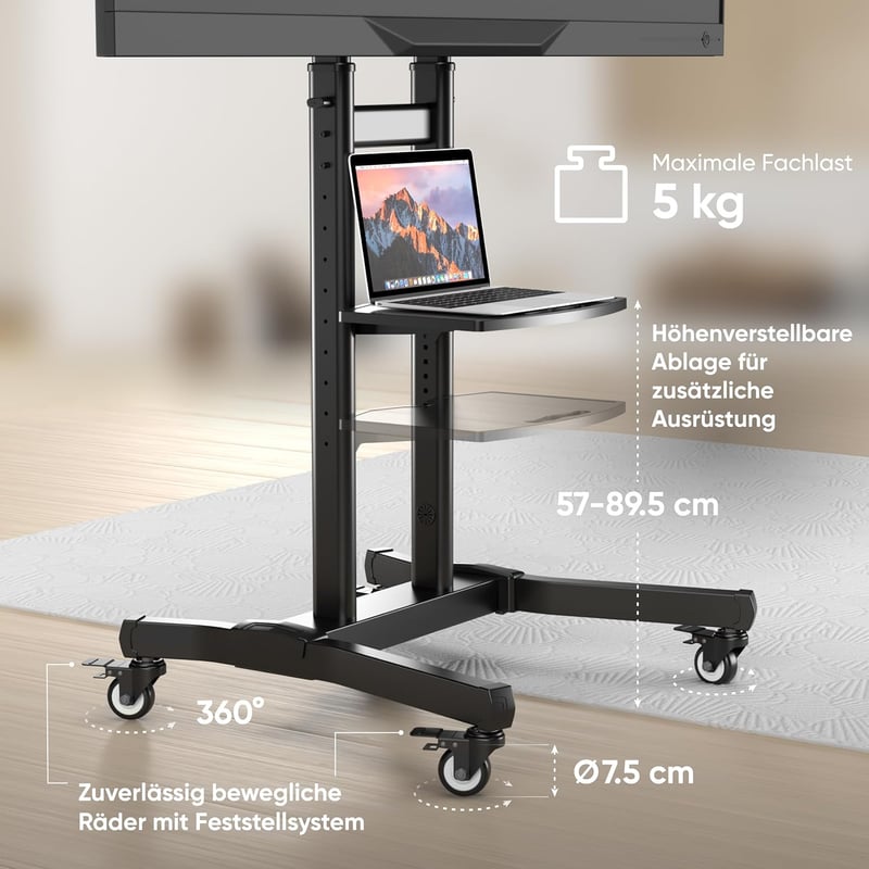 ONKRON TS1891-B Gurulós TV Állvány 50-90 Colos Televíziókhoz - Dönthető, Állítható Magasságú, 100 kg Teherbírású, VESA 800x600 Kompatibilis 