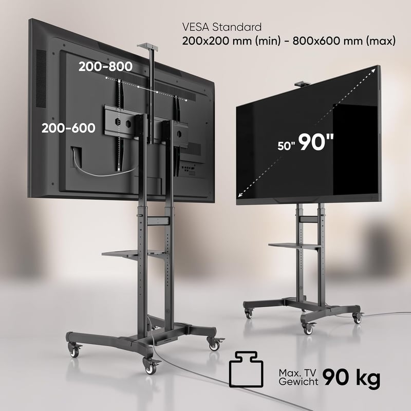 ONKRON TS1891-B Gurulós TV Állvány 50-90 Colos Televíziókhoz - Dönthető, Állítható Magasságú, 100 kg Teherbírású, VESA 800x600 Kompatibilis 