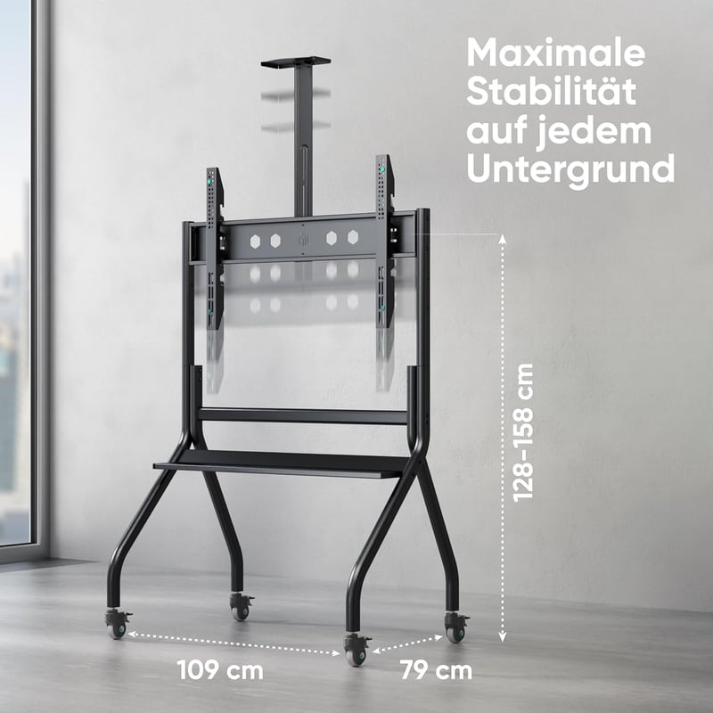 ONKRON TS2080-B Mobil TV Állvány 60-120 Colos Televíziókhoz, 150 kg Teherbírás, Állítható Magasság, VESA 1000x600, Görgős Kerekes TV Tartó F