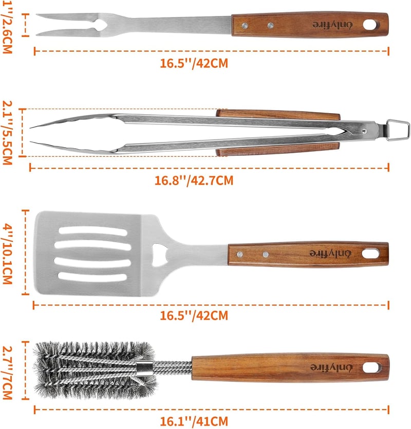 onlyfire 4 részes grillezés szett - fogó, spatula, húsvilla, kefe hosszú nyéllel