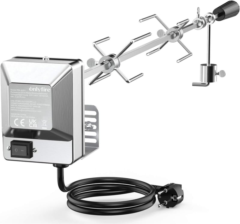 onlyfire BRK-6031 Univerzális Krómozott Grillnyárs Szett, 90 cm Forgónyárs, 2 Hústű, Rozsdamentes Acél Motor, 220-240V