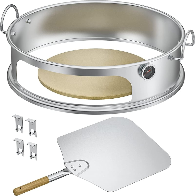Set de copt pizza din oțel inoxidabil onlyfire, inel pentru pizza pentru grătar tip kettle Weber de 57 cm, pentru grătar cu cărbuni