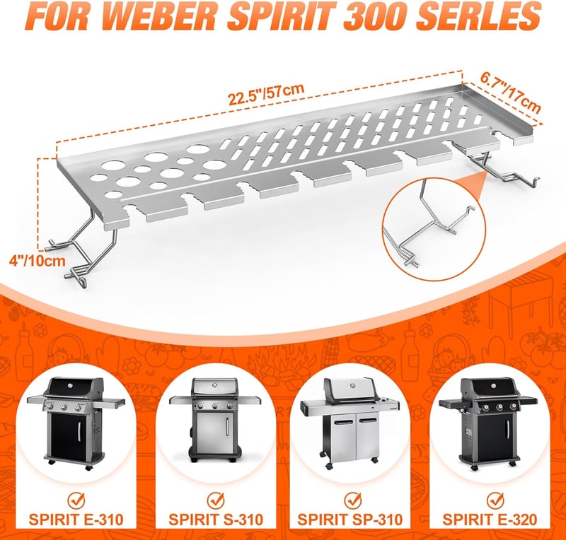 onlyfire Rozsdamentes Melegítő Rács Weber Spirit 300 Sorozathoz, 2in1 Csirkecomb Grill Állvány - 57×17×10cm