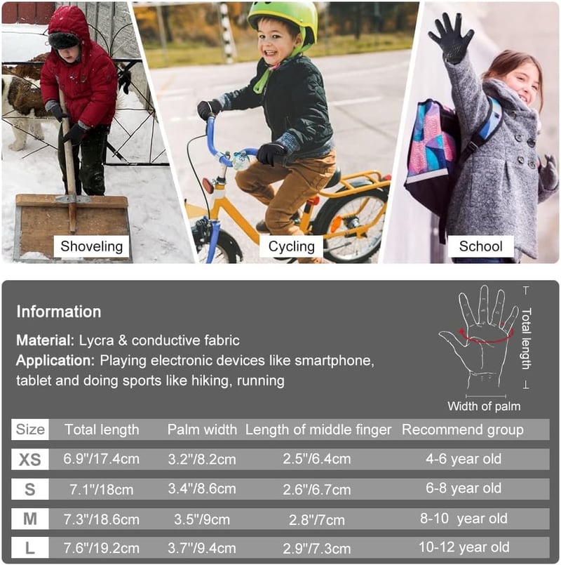 Mănuși de iarnă pentru copii OOPOR, căptușite cu fleece călduros, compatibile cu ecran tactil, anti-alunecare, ciclism, albastru, 4-12 ani, băiat, fată, sport.