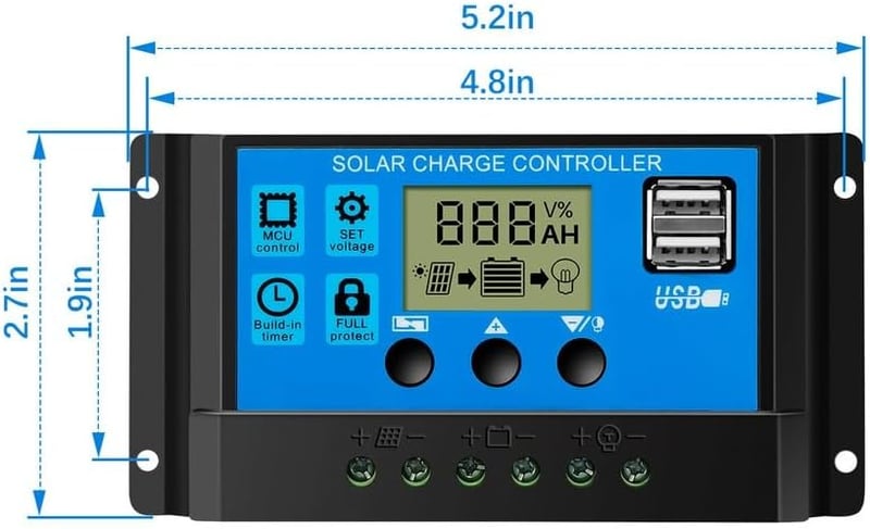 OOYCYOO 20A napelemes töltésvezérlő 12V/24V LCD kijelzővel és USB porttal