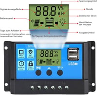OOYCYOO 20A napelemes töltésvezérlő 12V/24V LCD kijelzővel és USB porttal 4
