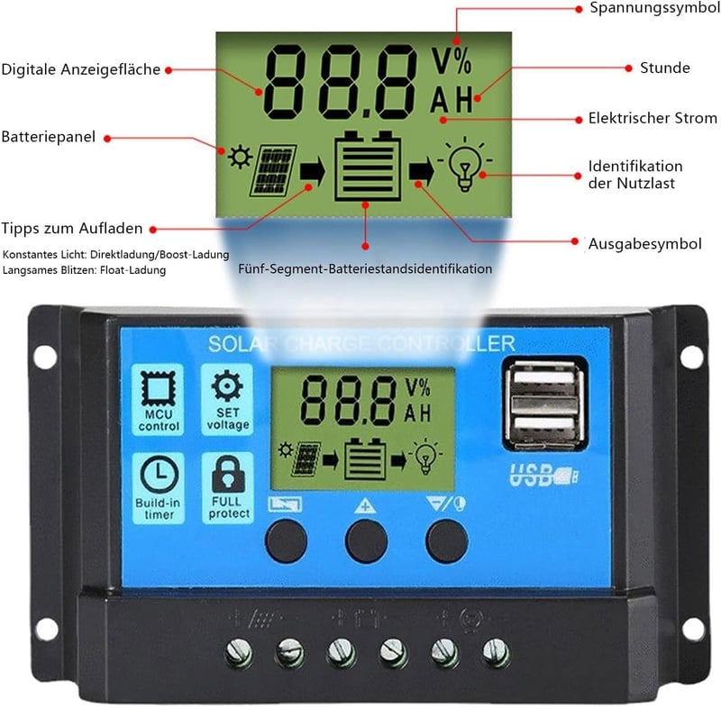 OOYCYOO 20A napelemes töltésvezérlő 12V/24V LCD kijelzővel és USB porttal