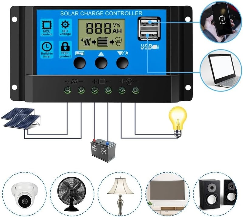OOYCYOO 20A napelemes töltésvezérlő 12V/24V LCD kijelzővel és USB porttal