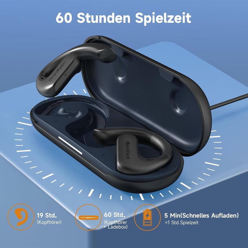 OpenRock S nyitott fülű Bluetooth 5.3 fejhallgató, 60 órás lejátszási idővel, ENC hívászaj-szűréssel, IPX5 vízálló,