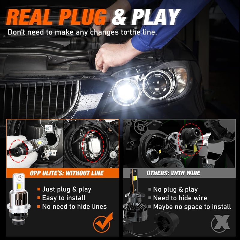 OPP ULITE D2S LED fényszóró izzó 6000K 9000LM 1:1 HID csere Plug and Play ballaszt kompatibilis 2 db