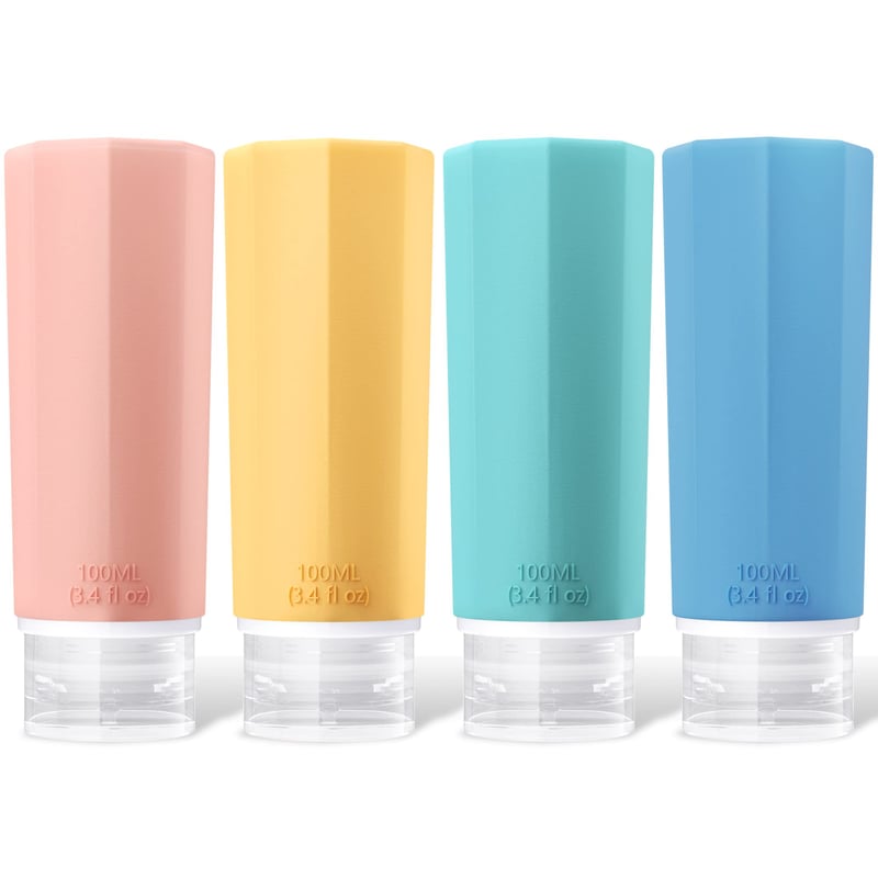Sada 4 silikónových cestovných fliaš, 100 ml plniteľná cestovná súprava fliaš