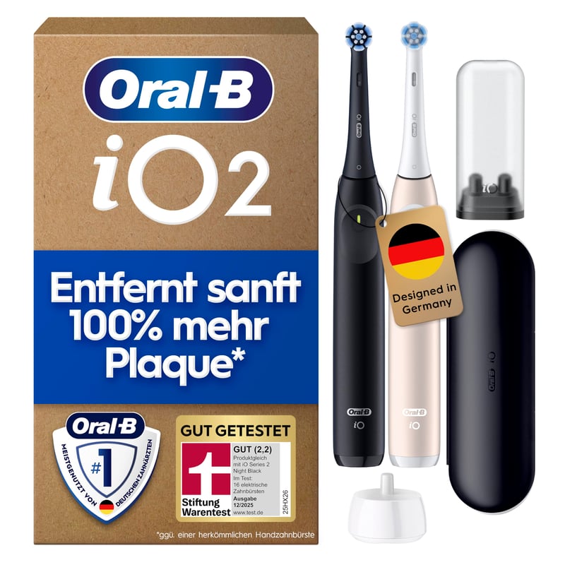 Periuță de dinți electrică Oral-B iO Series 2, Pachet DUO, 2 capete de periaj, 3 moduri de curățare, Toc de călătorie, Negru/Roz