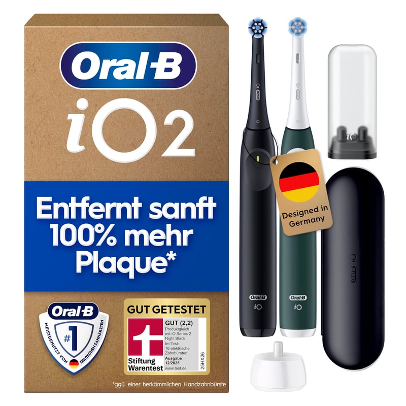 Elektrická zubná kefka Oral-B iO Series 2 Duopack – 2 hlavice, 3 režimy čistenia, cestovné puzdro, čierna/zelená