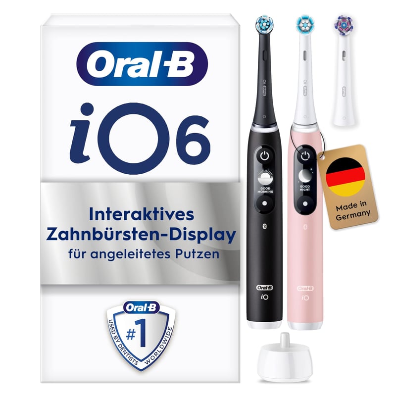 Periuță de dinți electrică Oral-B iO Series 6, pachet dublu - 3 capete de periaj, 5 moduri de curățare, negru și roz, design Braun