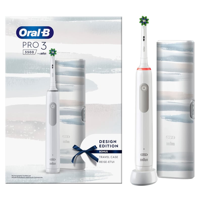 Elektrická zubná kefka Oral-B PRO 3 3500 s 3 režimami čistenia, 360° senzorom tlaku, cestovným puzdrom, biela – dizajn Braun