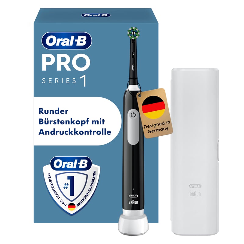 Oral-B Pro Series 1 Elektromos Fogkefe Fekete - 3 Tisztítási Mód, Nyomásérzékelő, Utazótok, Braun Design